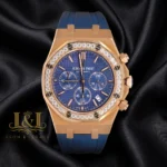 Chronograph Rose Gold Stoned Bezel Blue Dial Leather Strap