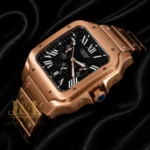 Chronograph Rose Gold Watch With Black Dial and Chain