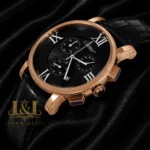 Chronograph Rose Gold Watch With Black Dial and Leather Strap for Men