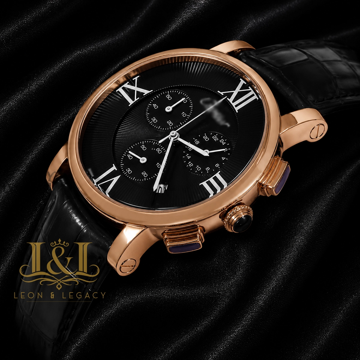 Chronograph Rose Gold Watch With Black Dial and Leather Strap for Men 1 copy