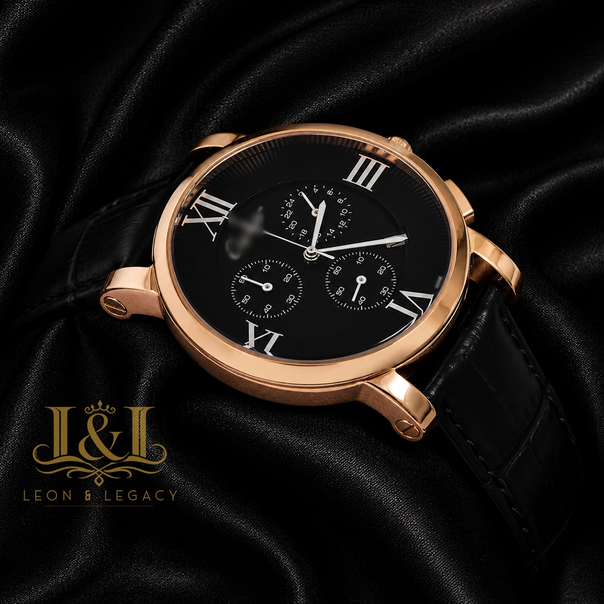 Chronograph Rose Gold Watch With Black Dial and Leather Strap for Men