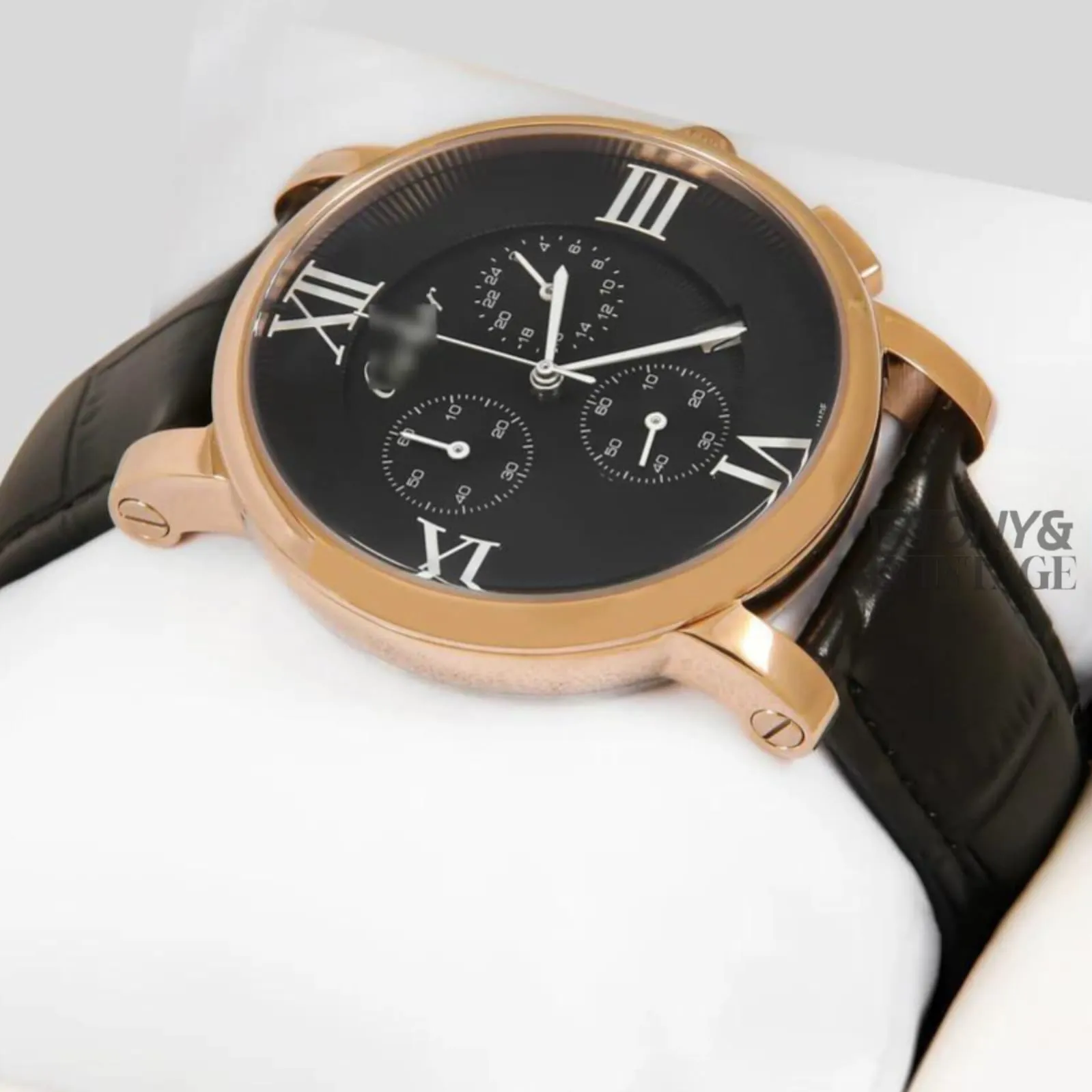 Chronograph Rose Gold Watch With Black Dial and Leather Strap for Men