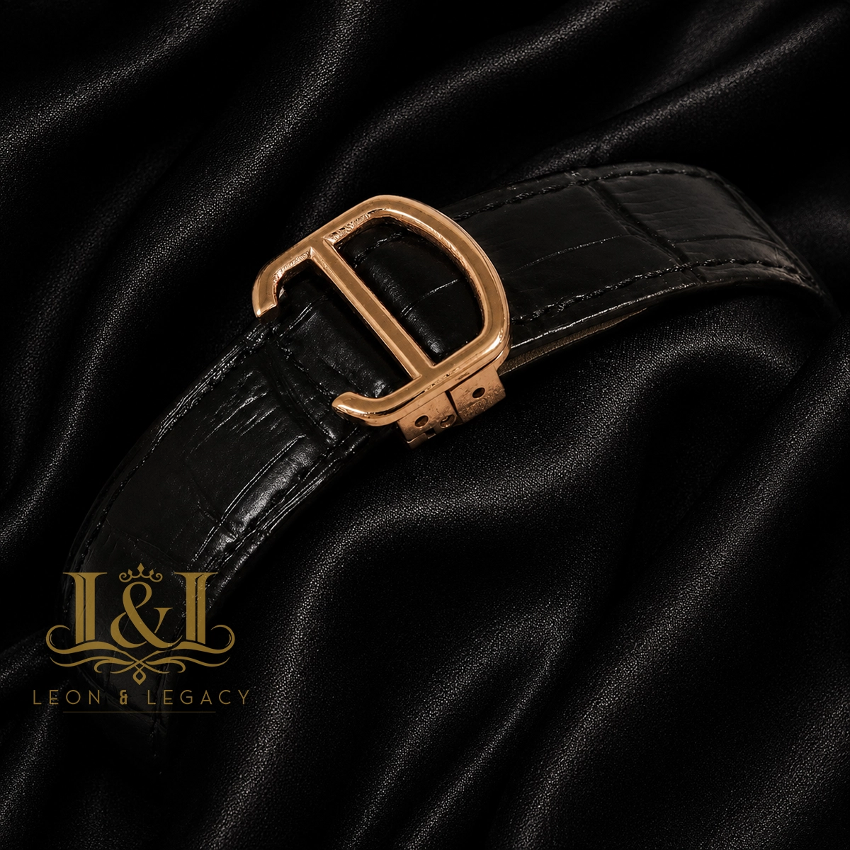 Chronograph Rose Gold Watch With Black Dial and Leather Strap for Men