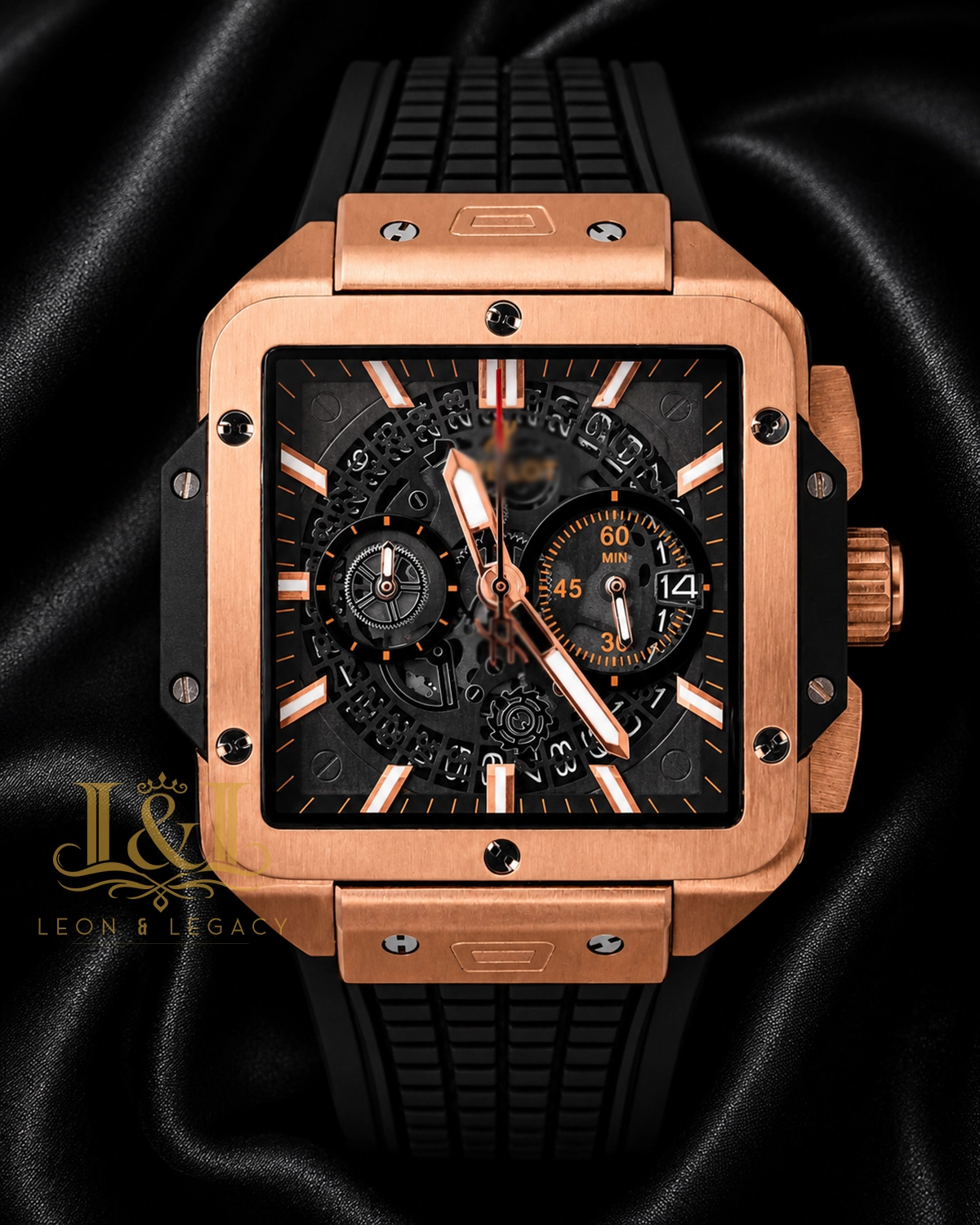 Chronograph Rose Gold Watch With Black Dial and PVC Strap 1 copy