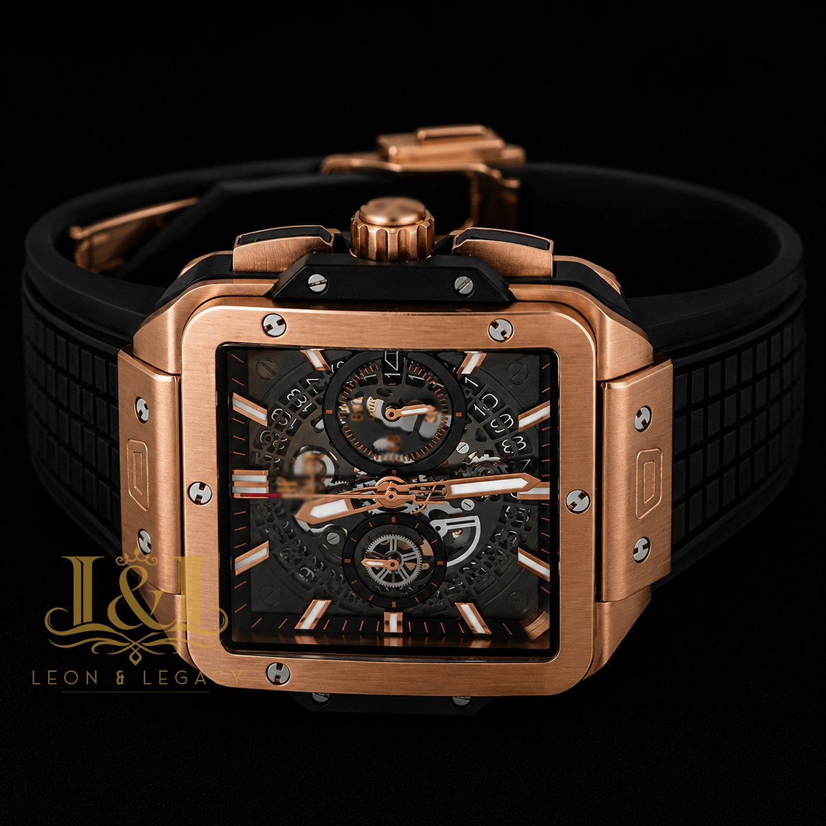 Chronograph Rose Gold Watch With Black Dial and PVC Strap