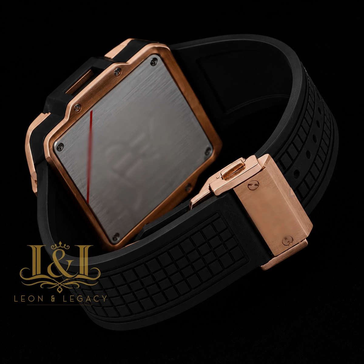 Chronograph Rose Gold Watch With Black Dial and PVC Strap