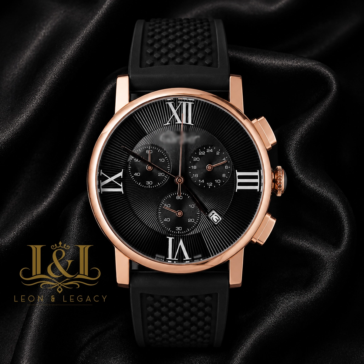 Chronograph Rose Gold Watch With Black Dial and PVC Strap copy