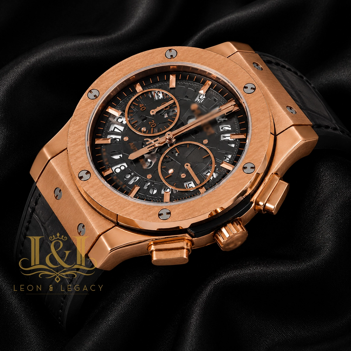 Chronograph Rose Gold Watch With Brown Skeleton Dial & Black Leather Strap 1 copy