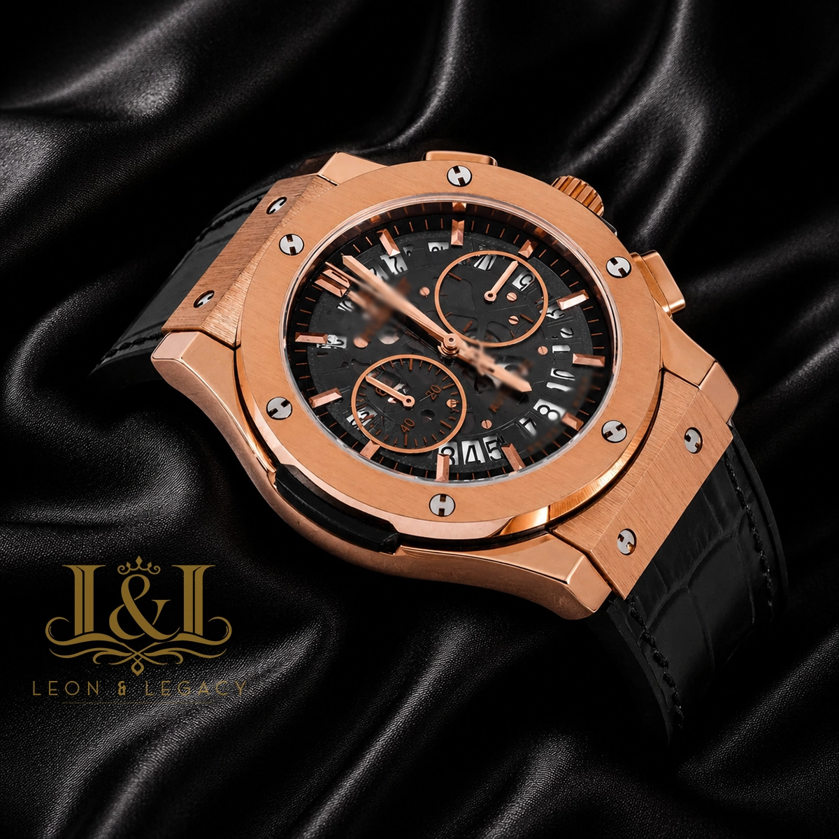 Chronograph Rose Gold Watch With Brown Skeleton Dial & Black Leather Strap