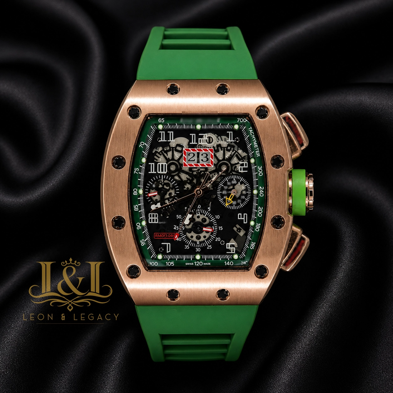 Chronograph Rose Gold Watch With Green Rubber Strap 1 copy