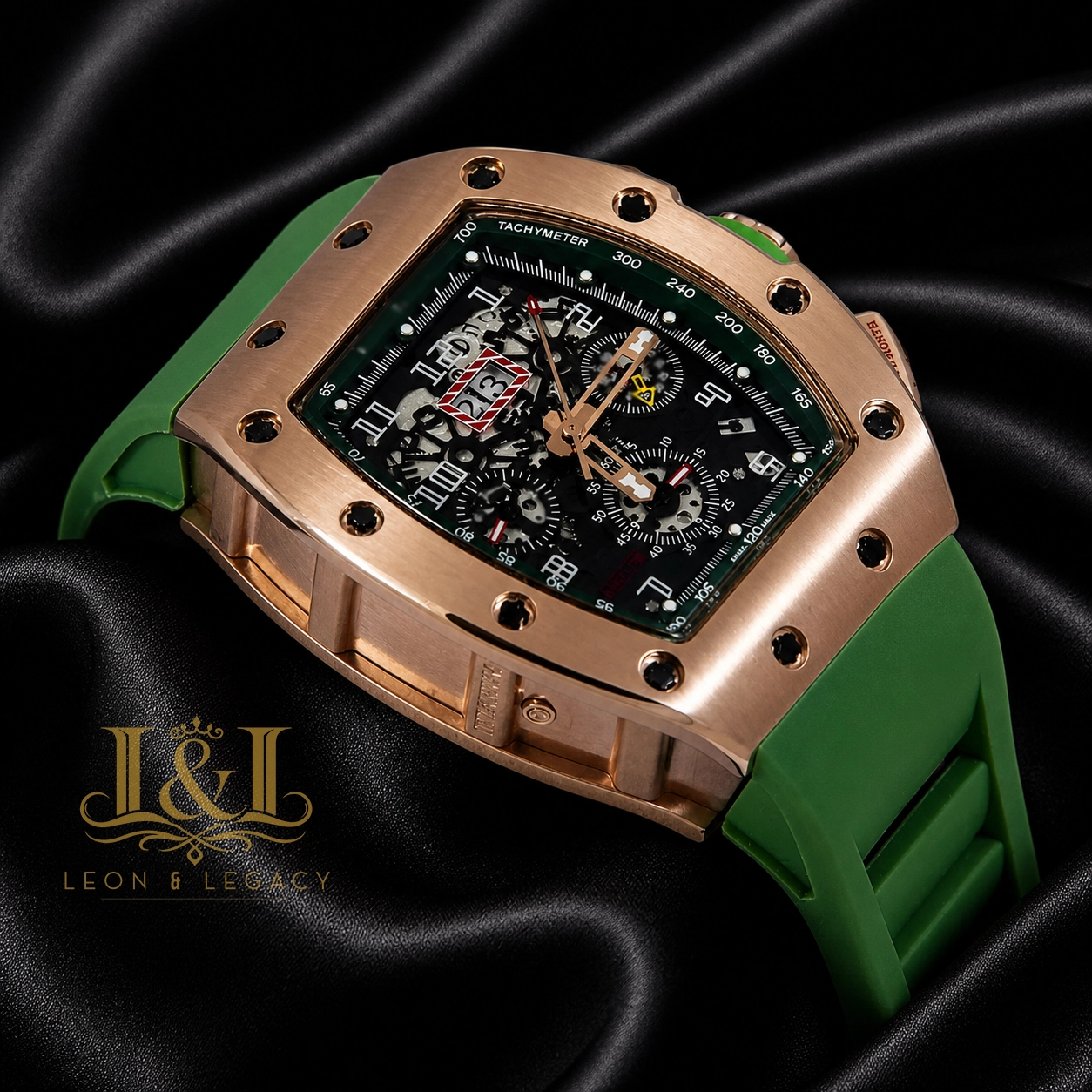 Chronograph Rose Gold Watch With Green Rubber Strap
