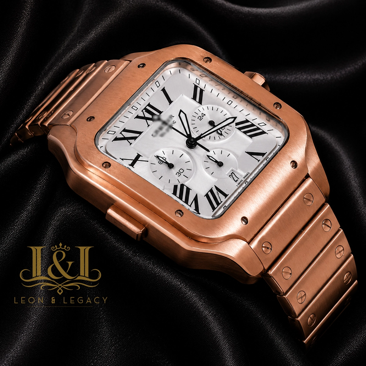 Chronograph Rose Gold Watch With Silver Dial and Chain