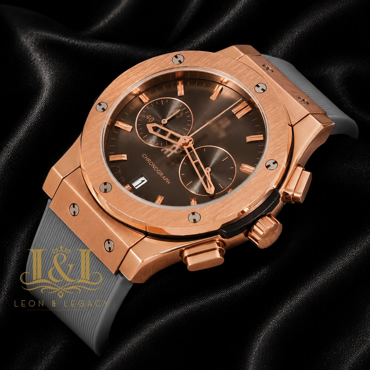 Chronograph Rose Gold Watch with Charcoal Gray Dial and PVC Strap 1 copy