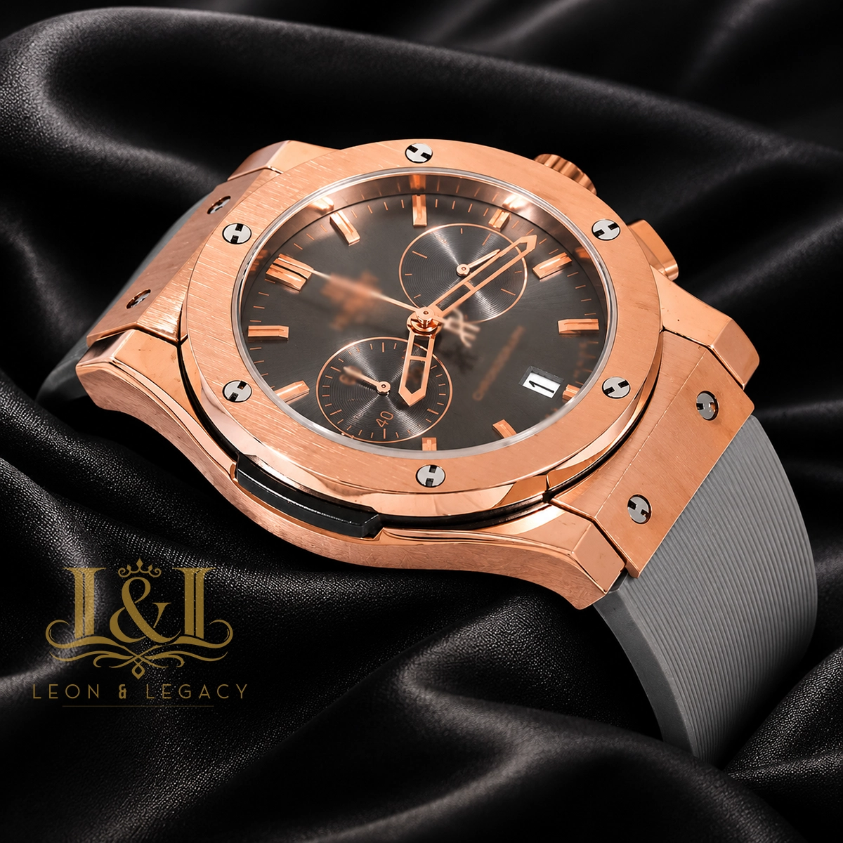 Chronograph Rose Gold Watch with Charcoal Gray Dial and PVC Strap