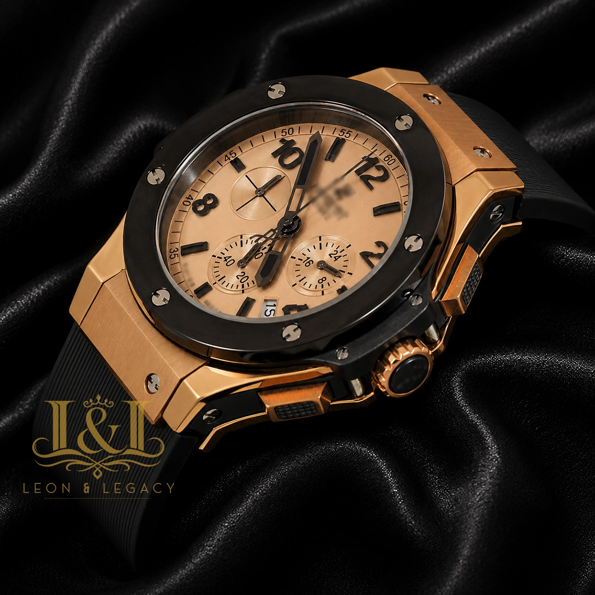 Chronograph Rose Gold Watch with Dial and Black PVC Strap 1 copy