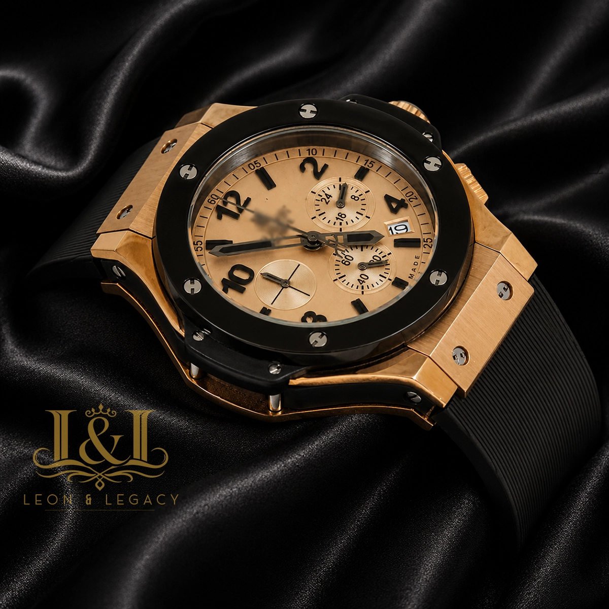Chronograph Rose Gold Watch with Dial and Black PVC Strap