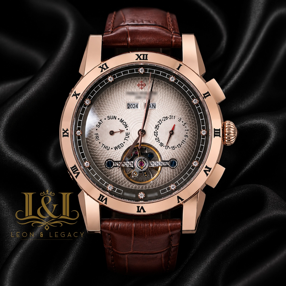 Chronograph Rose Gold Watch with Gray Dial and Leather Strap 1 copy