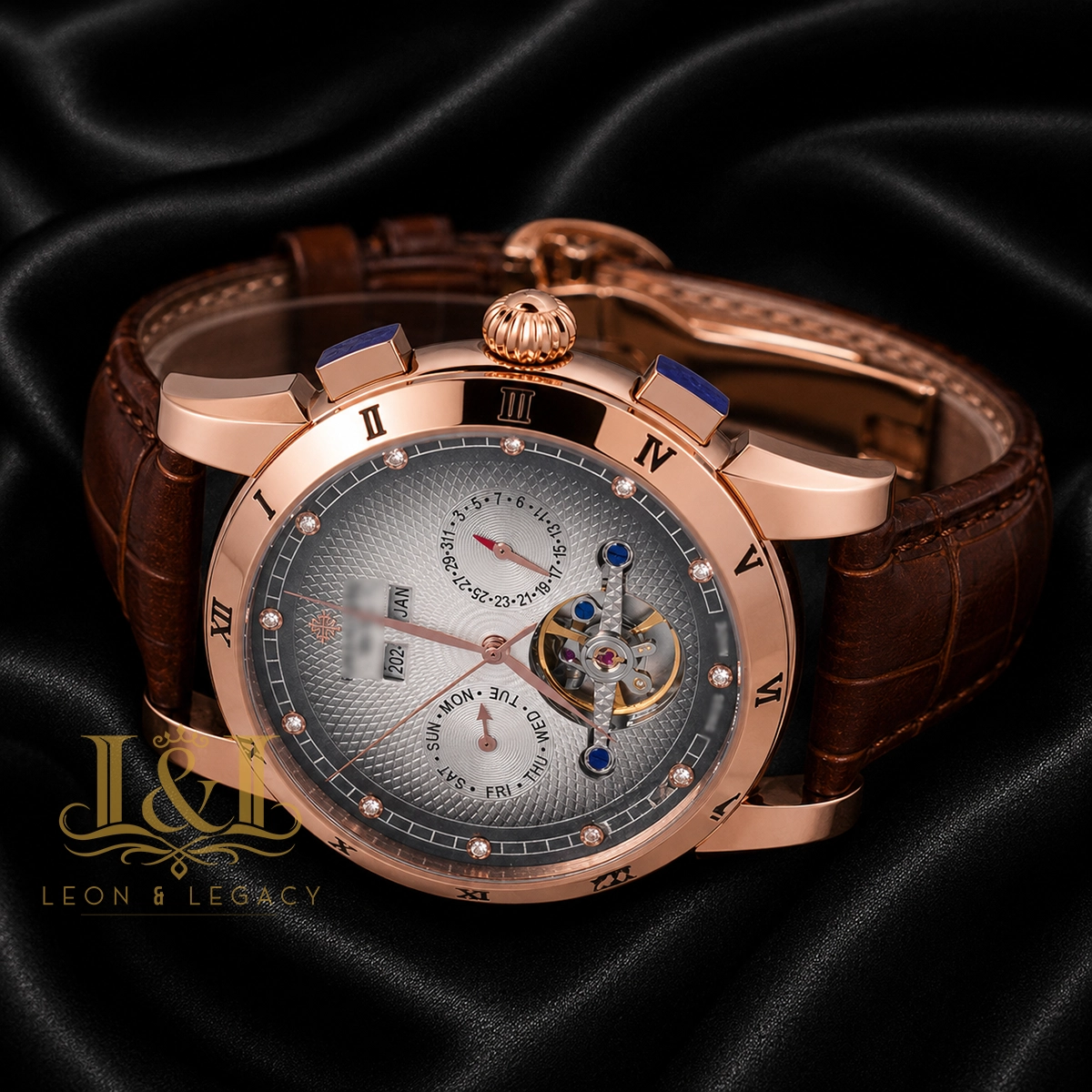 Chronograph Rose Gold Watch with Gray Dial and Leather Strap