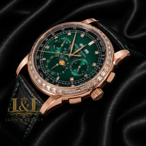 Chronograph Rose Gold Watch with Sea Green Dial and Black Leather Strap