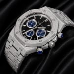 Chronograph Silver Black Dial Chain Watch