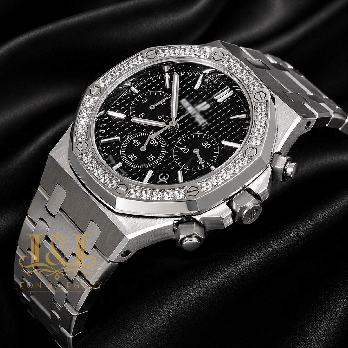 Chronograph Silver Black Dial Stone Bezel 1 copy