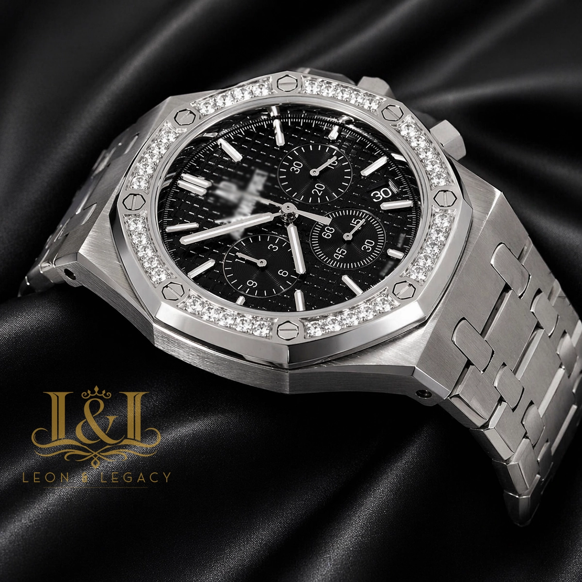Chronograph Silver Black Dial Stone Bezel