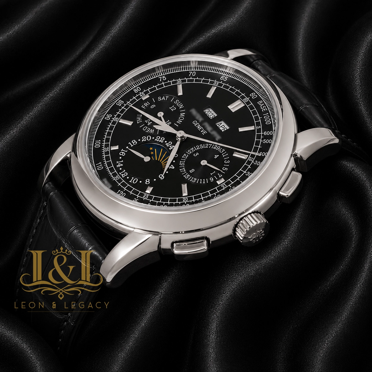 Chronograph Silver Case Black Dial Leather Strap 1 copy