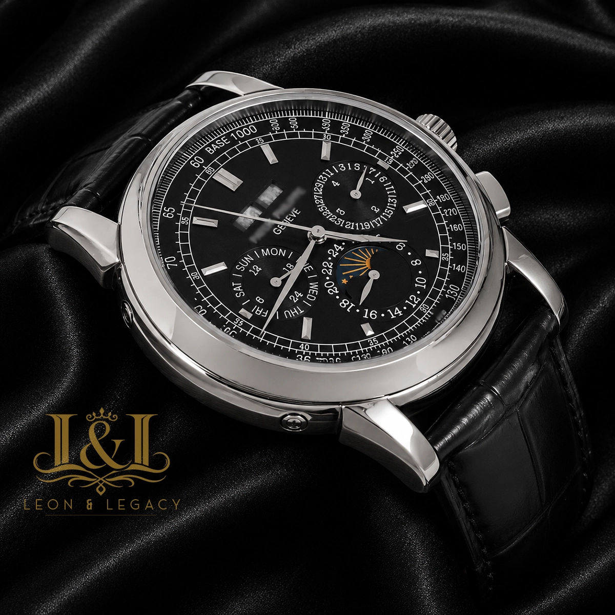 Chronograph Silver Case Black Dial Leather Strap