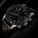 Chronograph Silver Case Watch with Black Dial, Bezel & Black Leather Strap