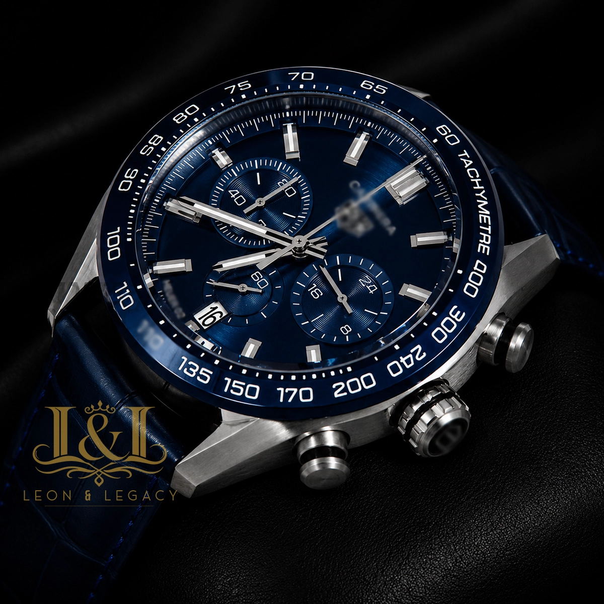 Chronograph Silver Case Watch with Deep Blue Dial, Bezel, and Leather Strap1 copy TAG Heuer Carrera Automatic Replica Watch CBN2A1A.BA0643
