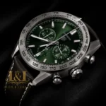 Chronograph Silver Case Watch with Deep Green Dial and Leather Strap