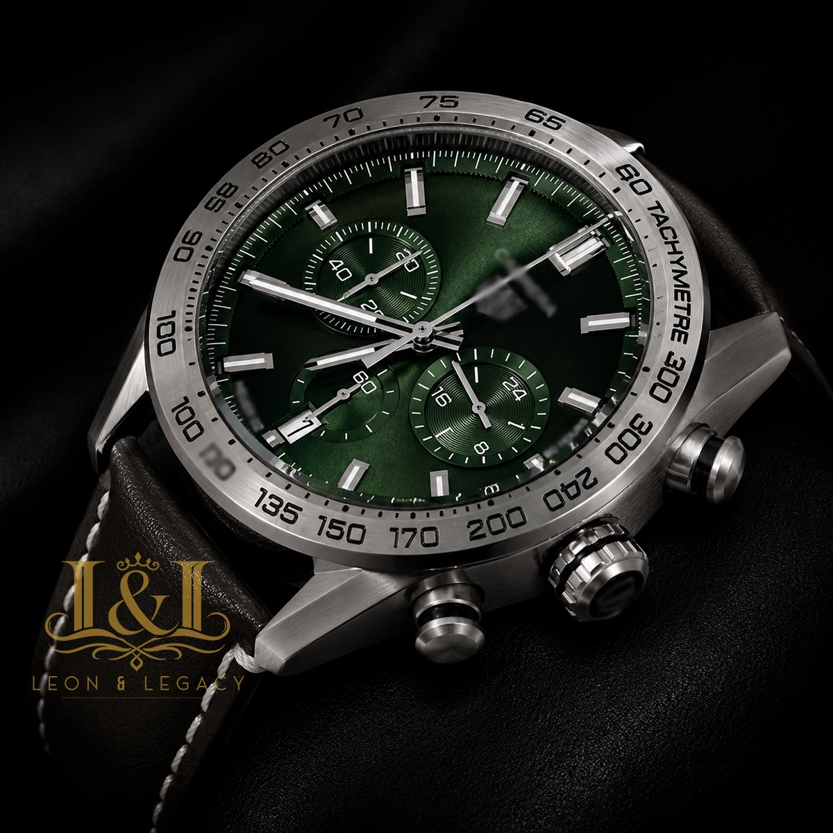 Chronograph Silver Case Watch with Deep Green Dial and Leather Strap1 copy TAG Heuer Carrera Automatic Replica Watch CBN2A10.BA0643