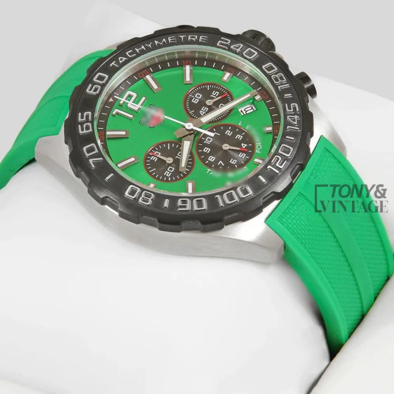 Chronograph Silver Case Watch with Green Dial and Strap
