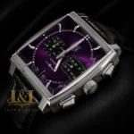 Chronograph Silver Case Watch with Purple Dial and Leather Strap