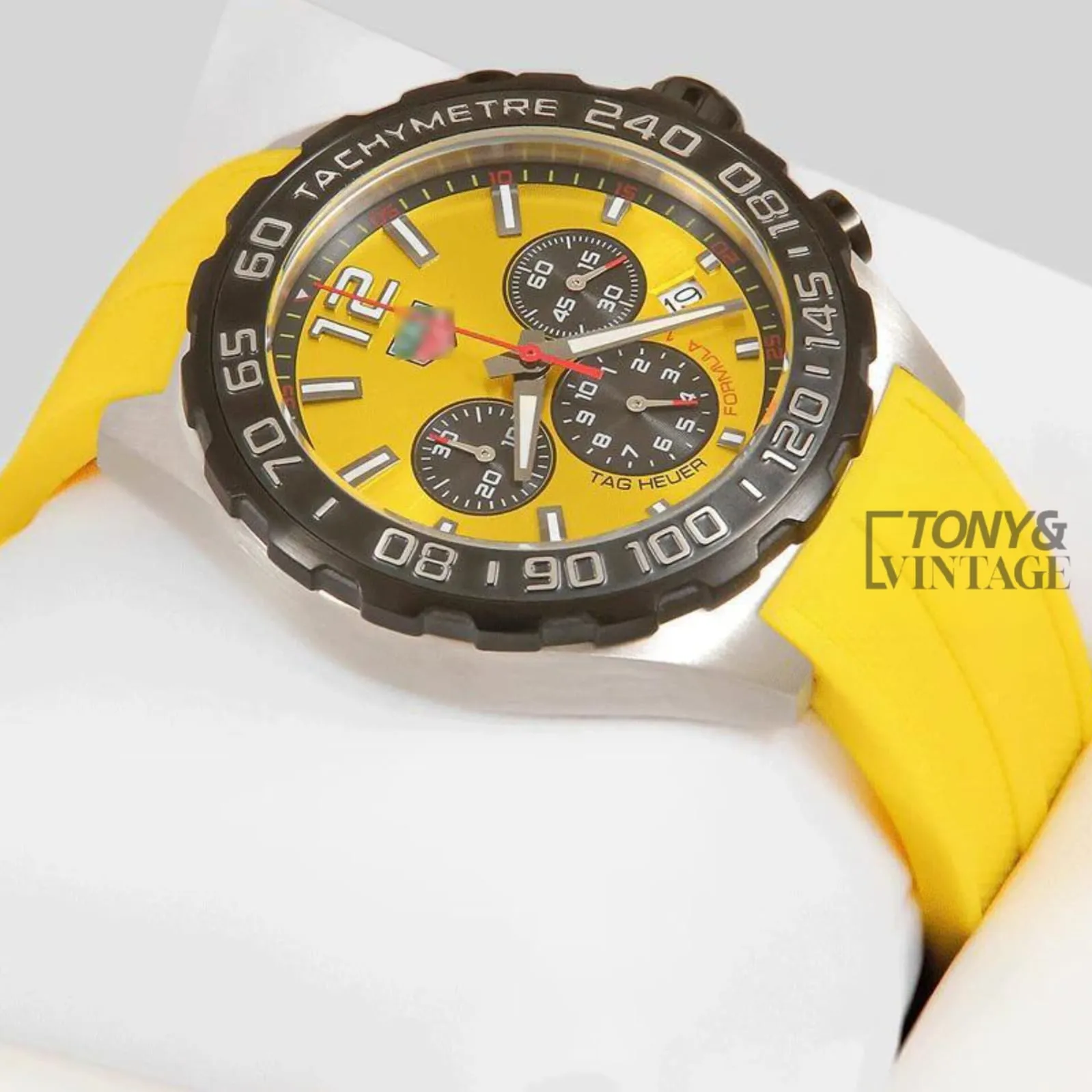 Chronograph Silver Case Watch with Yellow Dial and Strap