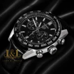 Chronograph Silver Case with Black Dial, Bezel, and Leather Strap Watch