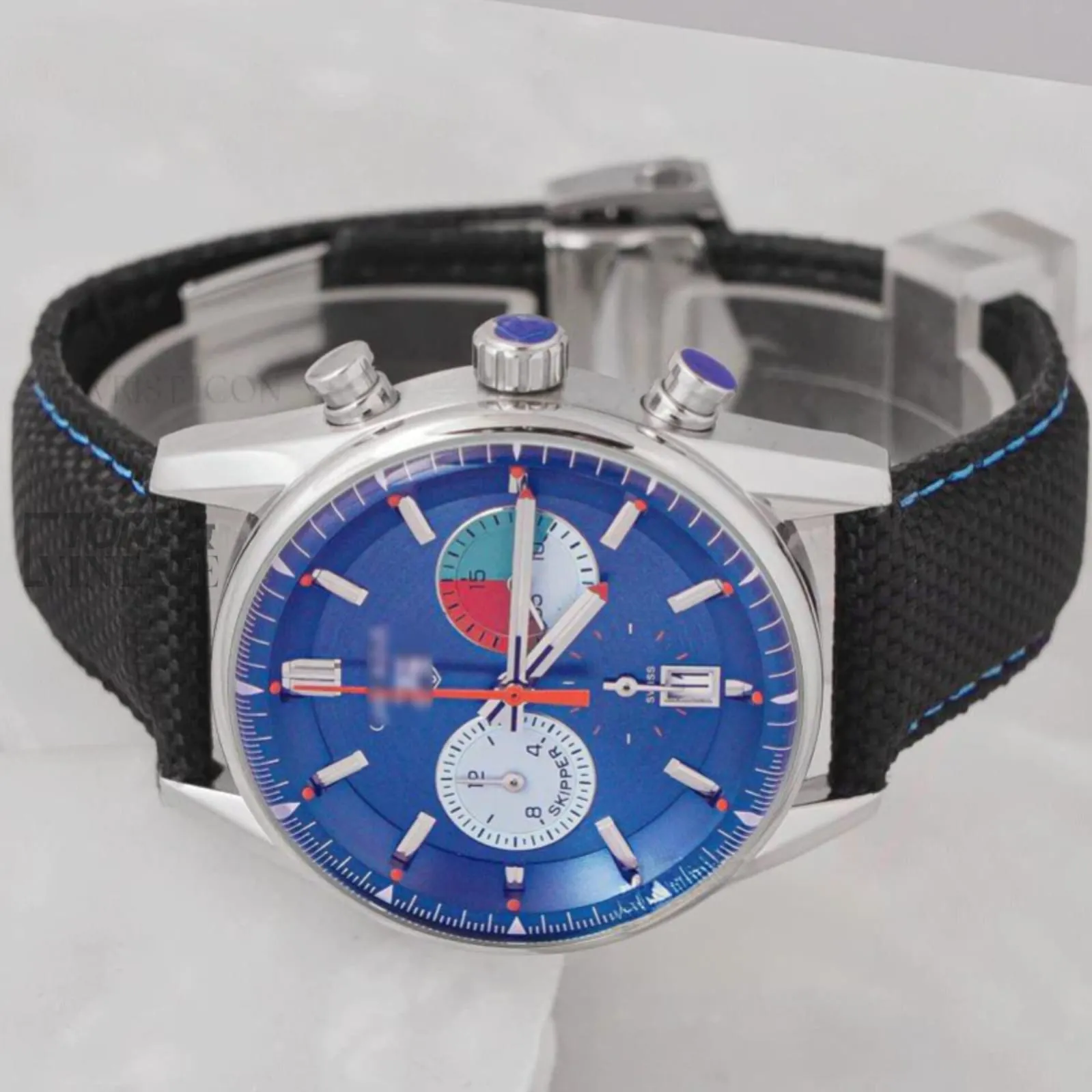 Chronograph Silver Case with Blue Dial and Black Leather Strap Watch