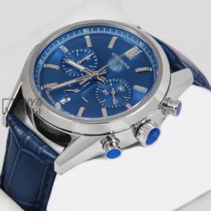 Chronograph Silver Case with Blue Dial and Leather Strap Watch