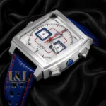 Chronograph Silver Case with White Dial and Blue Dotted Leather Strap Watch