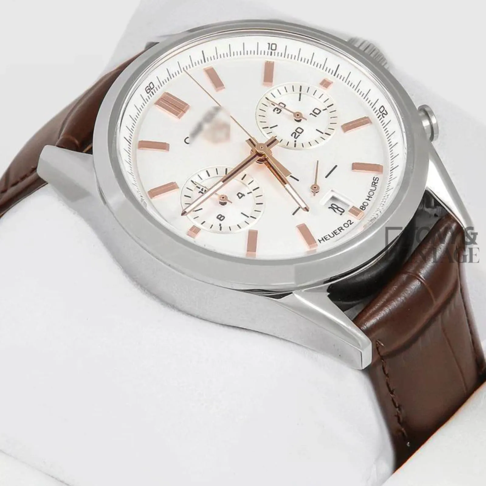 Chronograph Silver Case with White Dial and Dark Brown Leather Strap