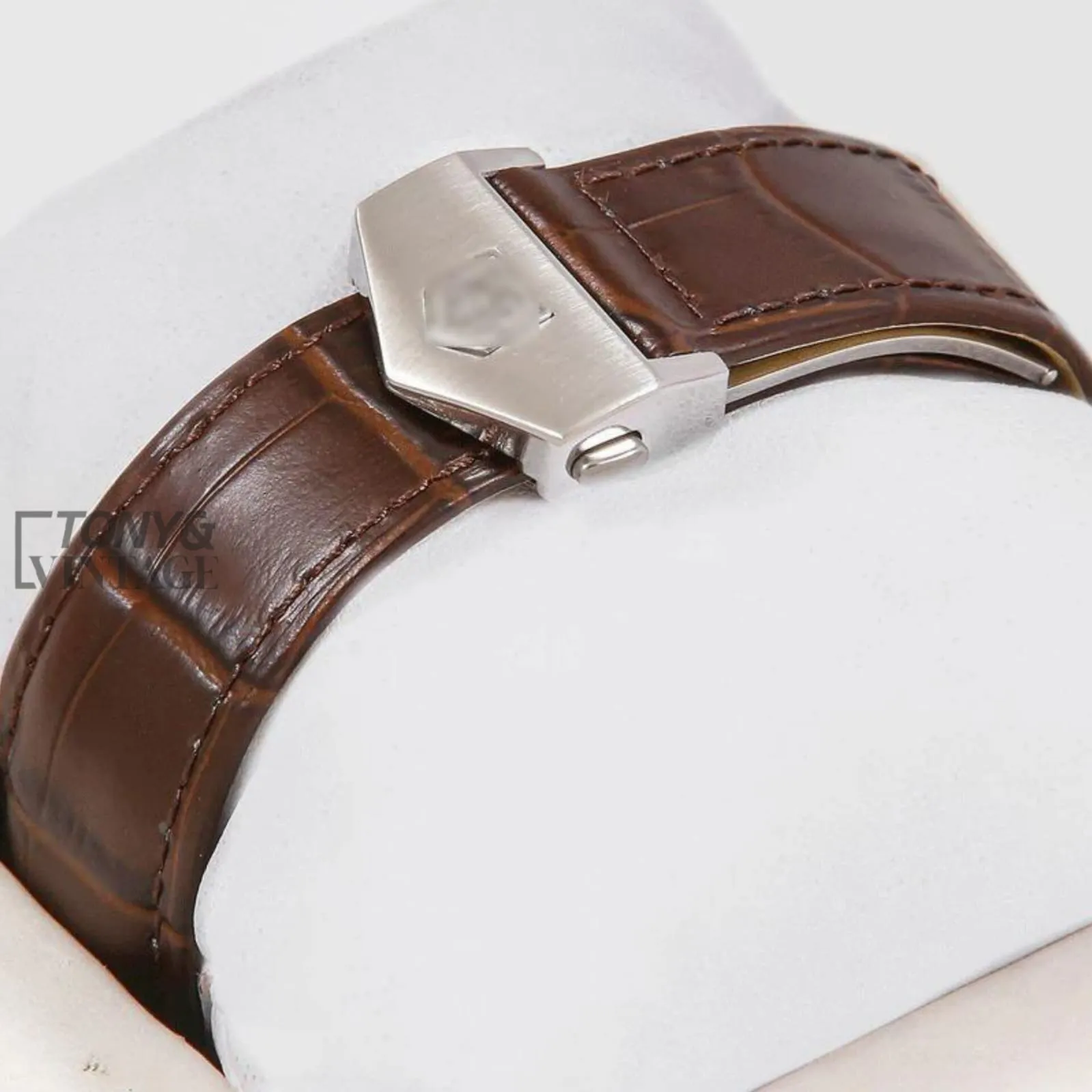 Chronograph Silver Case with White Dial and Dark Brown Leather Strap