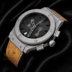 Chronograph Silver Matt Watch with Gray Dial and Brown Velvet Strap