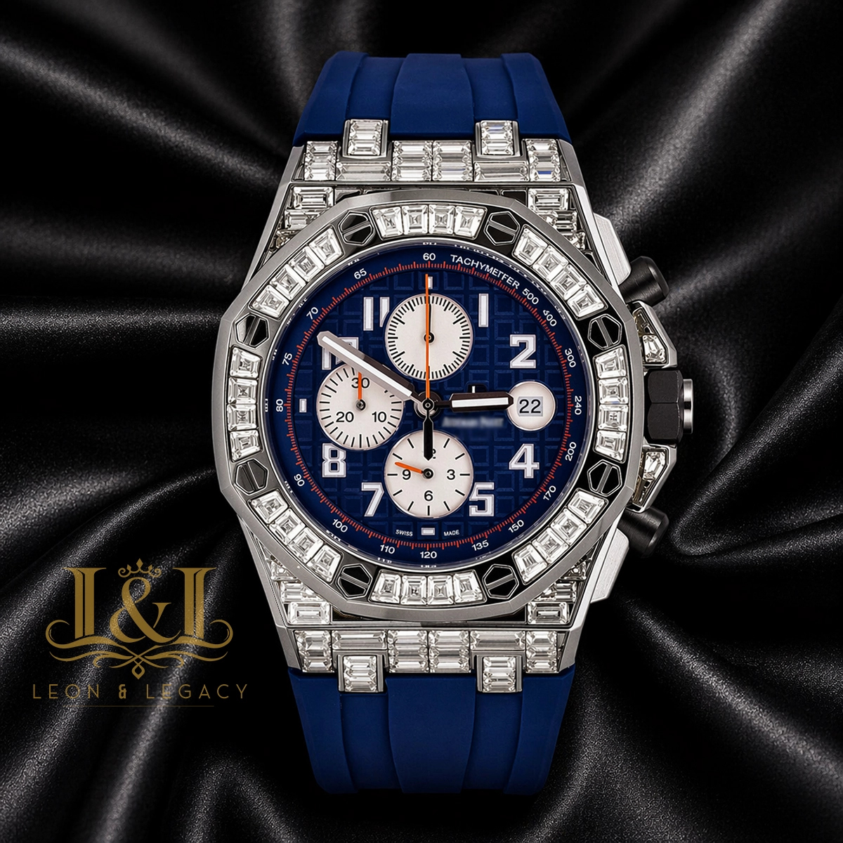 Chronograph Silver Stone Bezel Blue Dial Rubber Strap 1 copy