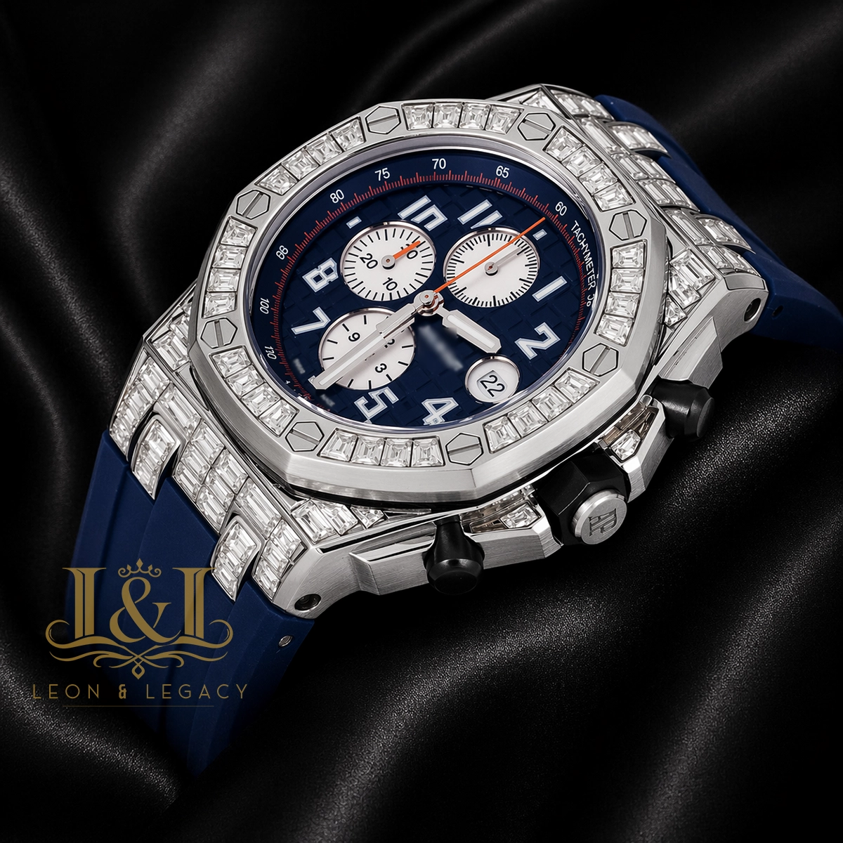 Chronograph Silver Stone Bezel Blue Dial Rubber Strap