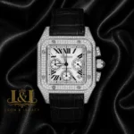 Chronograph Silver Stone Case with White Dial and Black Leather Strap