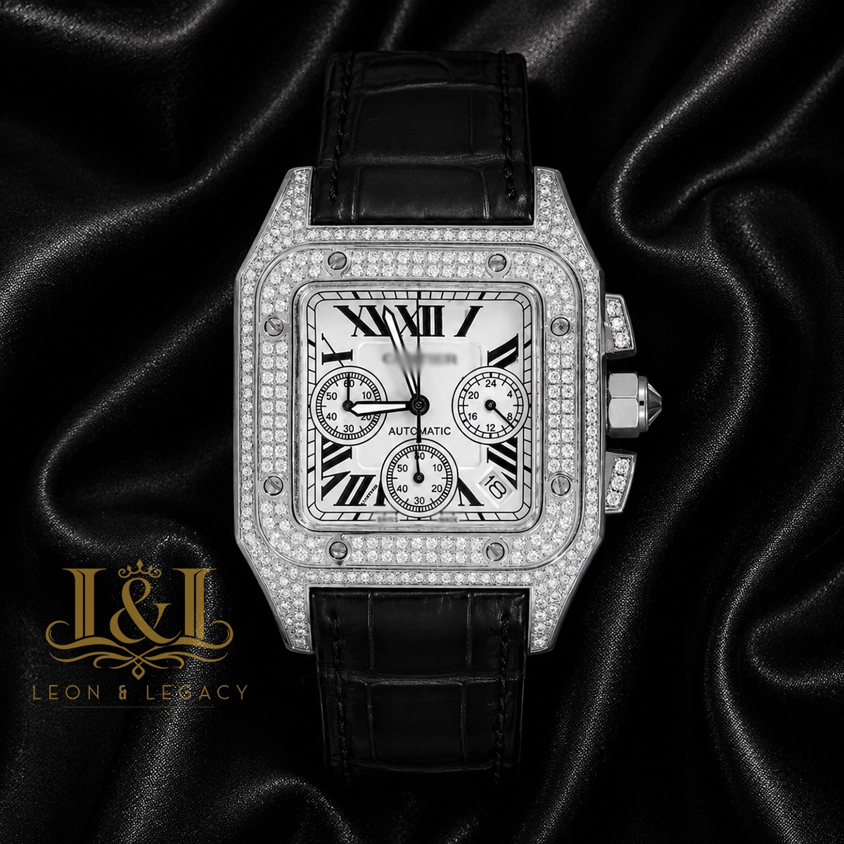 Chronograph Silver Stone Case with White Dial and Black Leather Strap 1 copy