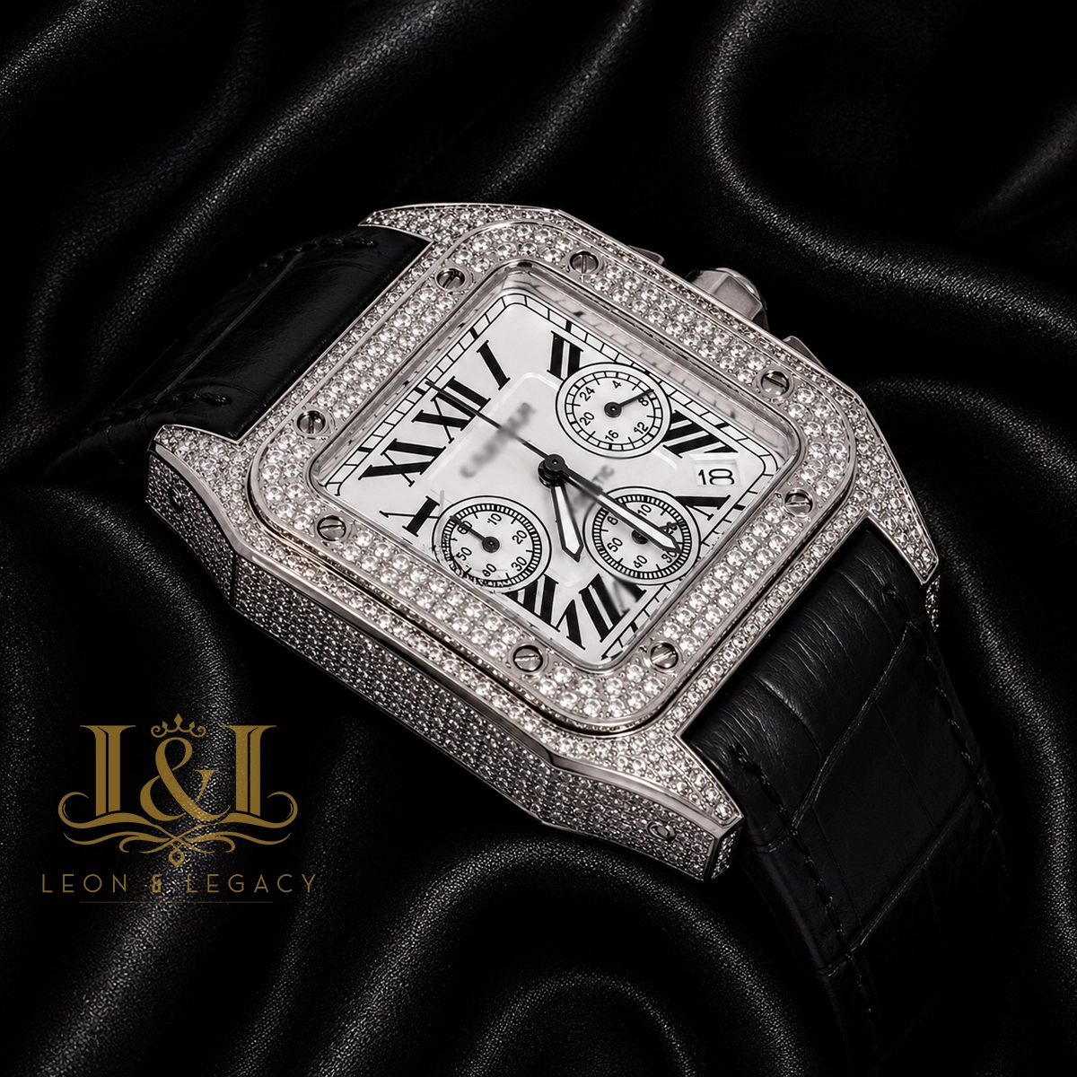 Chronograph Silver Stone Case with White Dial and Black Leather Strap
