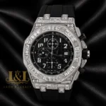 Chronograph Silver Stoned Bezel Black Dial Rubber Strap