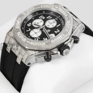 Chronograph Silver Stoned Bezel Black Dial Rubber Strap
