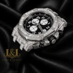 Chronograph Silver Stoned Bezel Black Dial Rubber Strap